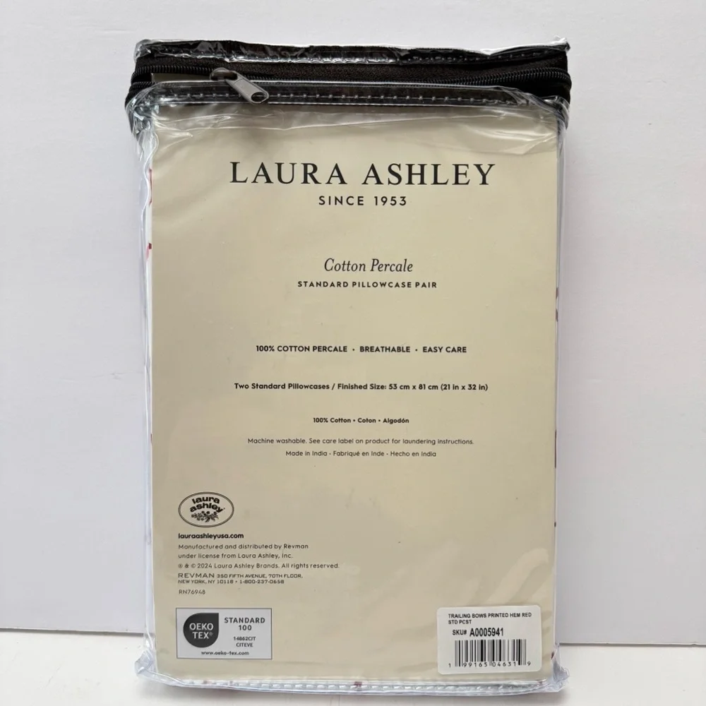 Laura Ashley Red Trailing Bows Stripe Set of 2 Cotton Standard Pillowcases NEW